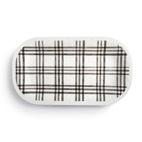 A white rectangular melamine platter with a black and white plaid pattern.