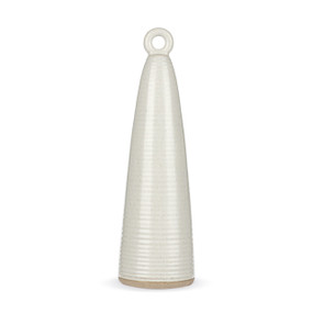 A 14 inch tall white ceramic cone figure with a small hole at the top and a textured tan base.