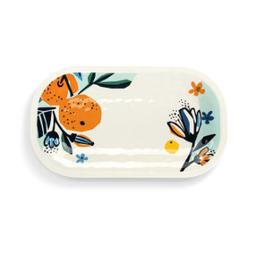 A white rectangular melamine platter with citrus illustrations on each side.
