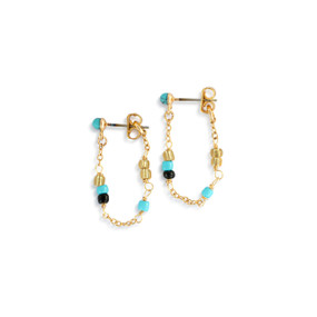 A pair of turquoise and gold beaded loop earrings.