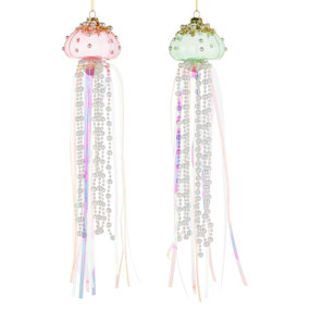 Two different jelly fish shaped ornaments with tendrils made of beads and ribbons.