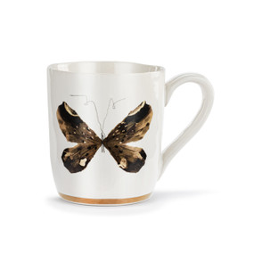 A white ceramic mug with a black and gold art butterfly and a gold trim around the base.