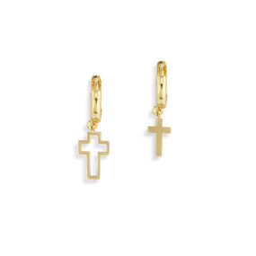 A pair of gold cross earrings. One is open in the middle and the other is solid.