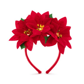 A red holiday headband with light up fake red poinsettia flowers on top.