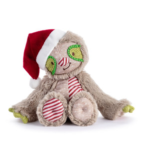 A tan plush sloth with patterned paws and green knit eyes displayed sitting and wearing a Santa hat.