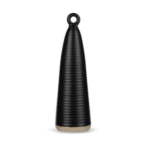 A 9 inch tall black ceramic cone figure with a small hole at the top and a textured tan base.