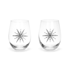 A set of two clear stemless wine glasses with snowflakes on the front decorated with gemstones.