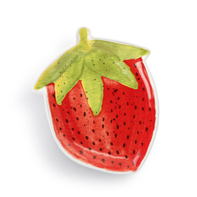 A strawberry shaped ceramic plate painted on the inside to look like the outside of a strawberry.