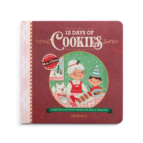 A cookie recipe book titled "12 days of Cookies" with an illustration of Mrs. Claus on the front.