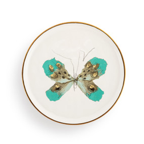 A white ceramic plate with a gold rim and turquoise and gold butterfly artwork. There is a keyhole on the back for hanging.