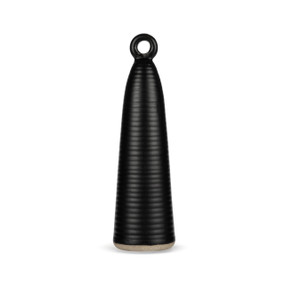 A 7.5 inch tall black ceramic cone figure with a small hole at the top and a textured tan base.