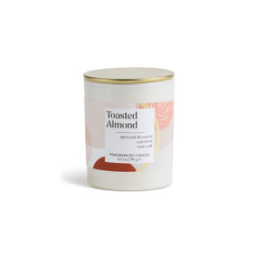 A 3.5 oz toasted almond scented candle in a round white container with a gold lid.