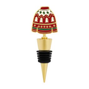 A gold and black bottle stopper with a red and white ugly Christmas sweater on top.