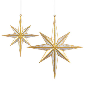 Two mirrored gold star ornaments in two different sizes.