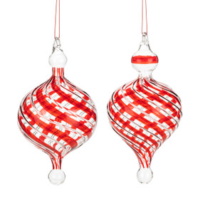 Two different shaped clear glass ornaments with swirling red stripes.