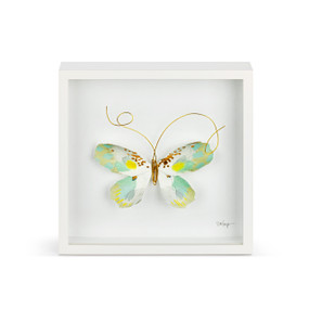 A green and white butterfly with gold wire tentacles in a white square framed wall art.