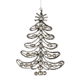 A tree shaped wire ornament decorated with silver gems.
