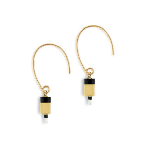 Gold hanging earrings with black and gold tile beads at the end.
