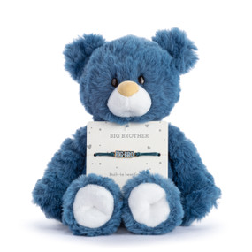 A navy blue plush teddy bear with an attached bracelet that says "Big Bro" intended for a child.