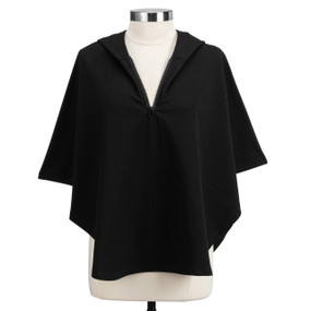 A black poncho with a half zipper and a hood in the back.