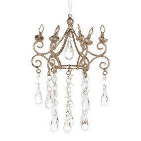 A chandelier shaped ornament decorated with gold glitter and hanging clear charms.