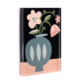 A black and pink acrylic wall art tile with an illustrated gray vase of pink flowers displayed angled to the right.