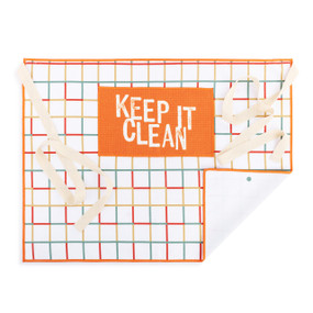 A white and orange half apron with a check pattern on the front along with a pocket with the saying "Keep it Clean" and cream ties.