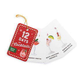 A set of red and white cards with 12 different holiday cocktail recipes.