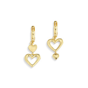 A set of gold earrings. One is a small solid heart with an open heart below and the other is opposite.