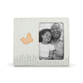 A 4x6 cream ceramic frame with a gold dove on the left side and words of remembrance along the bottom.