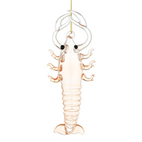 A light pink glass ornament shaped like a lobster.