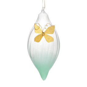 A teardrop shaped light green milk glass ornament with a gold butterfly on the front.