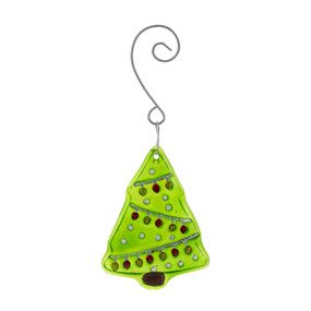 A green glass ornament of a decorated Christmas tree with a curved silver hanger.