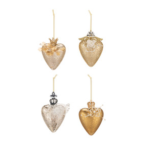 A set of four heart shaped ornaments in gold and silver each with a different floral decoration on the front.