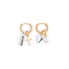 A pair of gold hoop earrings with four different charms related to faith.