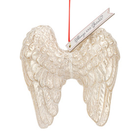 A glass blown ornament shaped like a set of white angel wings. There is a white tag with the saying "Always and Forever".