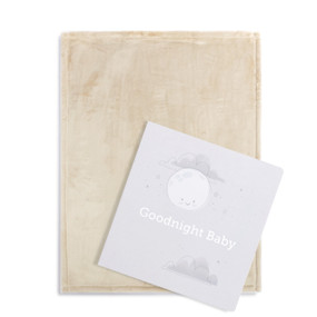A gift set including a light brown blanket and a gift book with the title "Goodnight Baby".