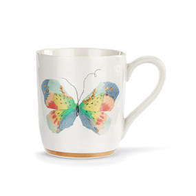 A white ceramic mug with a pastel art butterfly and a gold trim around the base.