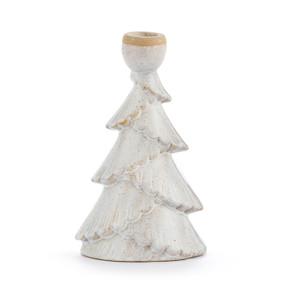 A white ceramic tree with ruffle layers and a small bowl at the top to hold a taper candle.