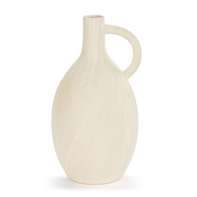 A cream ceramic jug vase with a single handle on one side.