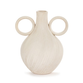 A small cream ceramic jug vase with two round handles, one on each side.
