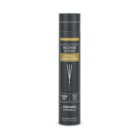 Black tube packaging for a set of 50 lemon thyme scented citronella incense sticks.