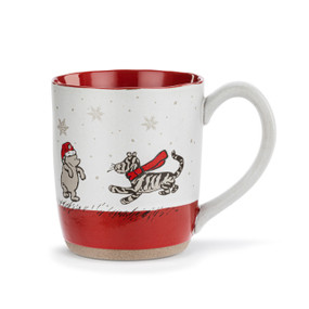 A white ceramic mug with a red interior and images of Winnie the Pooh and Tigger around the mug.