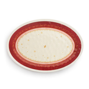 A red and white oval shaped melamine platter.