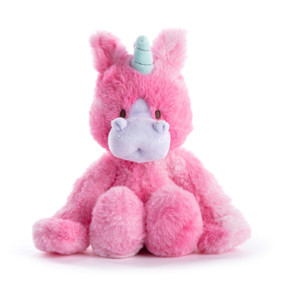 A small plush pink unicorn displayed sitting.