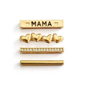 Four different gold charms that fit on a smart watch band. One has heart charms and another has the word "Mama".