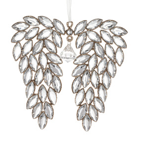 An ornament shaped like a set of angel wings made of clear sparkly stones.