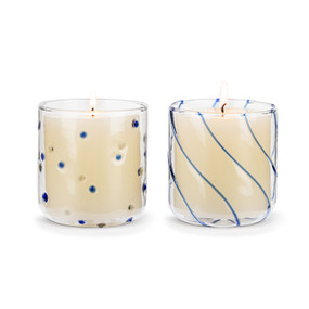 Two clear glass votive candle holders displayed with lit candles in them. One has blue dots and the other has blue lines.