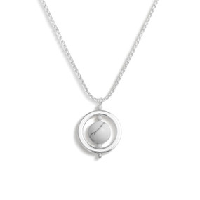 A silver chain fidget necklace with a round silver charm and a bead in the center that spins.