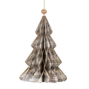 A tree shaped paper cut ornament made from musical notation paper and dusted with gold on the edges.